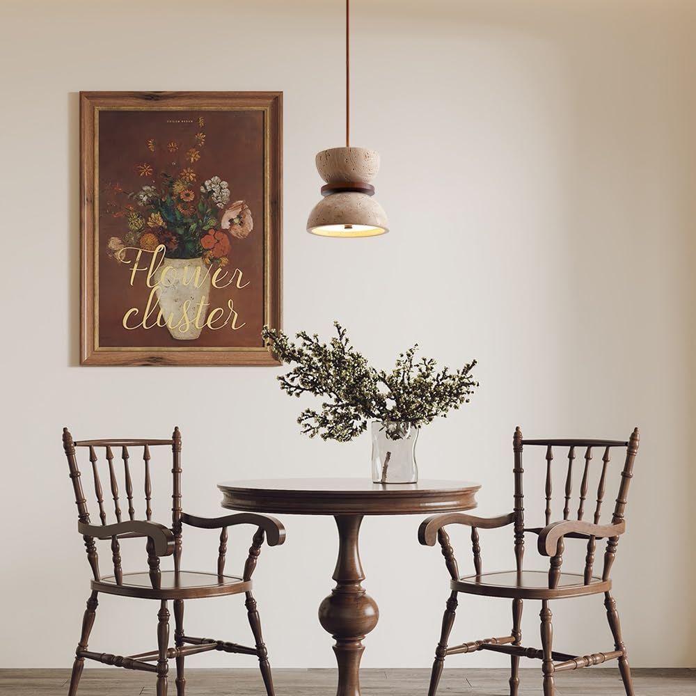 5,9 Zoll große japanische gelbe Travertin-Pendelleuchte, Vintage-Deckenlampe mit rundem Steinschirm, moderne Marmor-Kronleuchter aus der Mitte des Jahrhunderts for Kücheninsel, Esszimmer