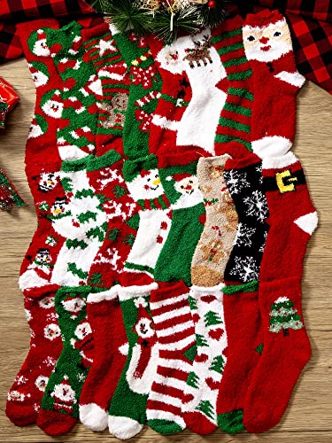 Foaincore 24 Pairs Christmas Fuzzy Socks for Holiday Winter Gifts Bulk Fluffy Slipper Socks for Women Men Xmas Party Favors4