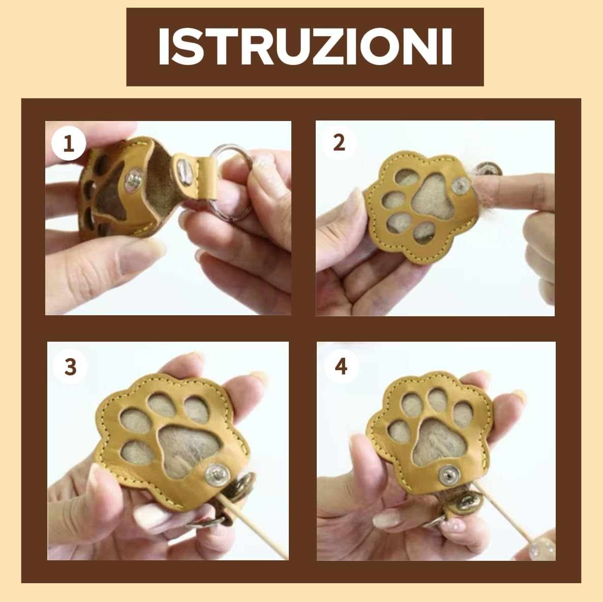 ZEXI 4 Portachiavi Raccogli Pelo per Cani e Gatti, Set da 4 Porta Pelo a Forma di Zampa per Pelo Animale, Accessorio per Cani Gatti, Pelle PU, Nero, Rosso, Marrone, Bianco