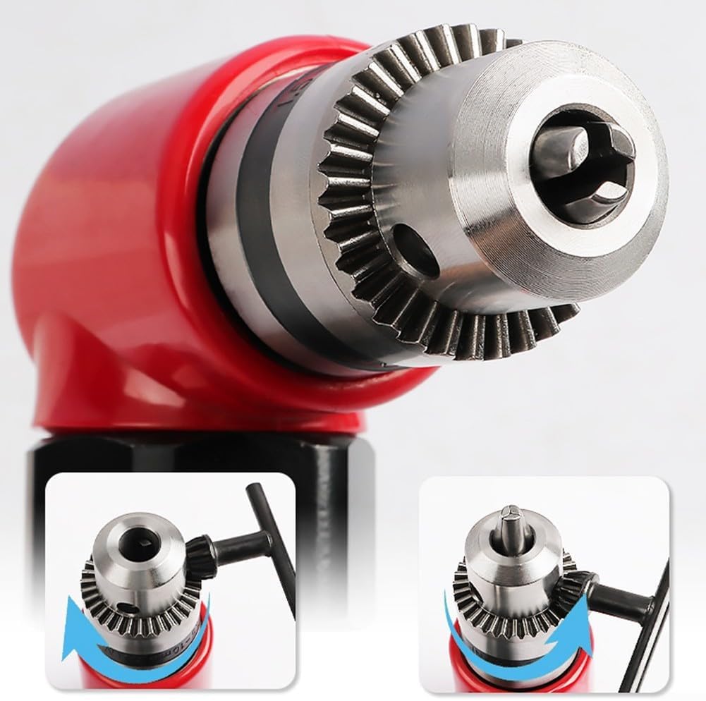 Lightweight Pneumatic Right Angle Drill with 1.5-10mm Chuck, 1800RPM at 90PSI for Drilling in Tight Spaces, Compatible with 1/4 Inch Air Inlet, Alloy Construction