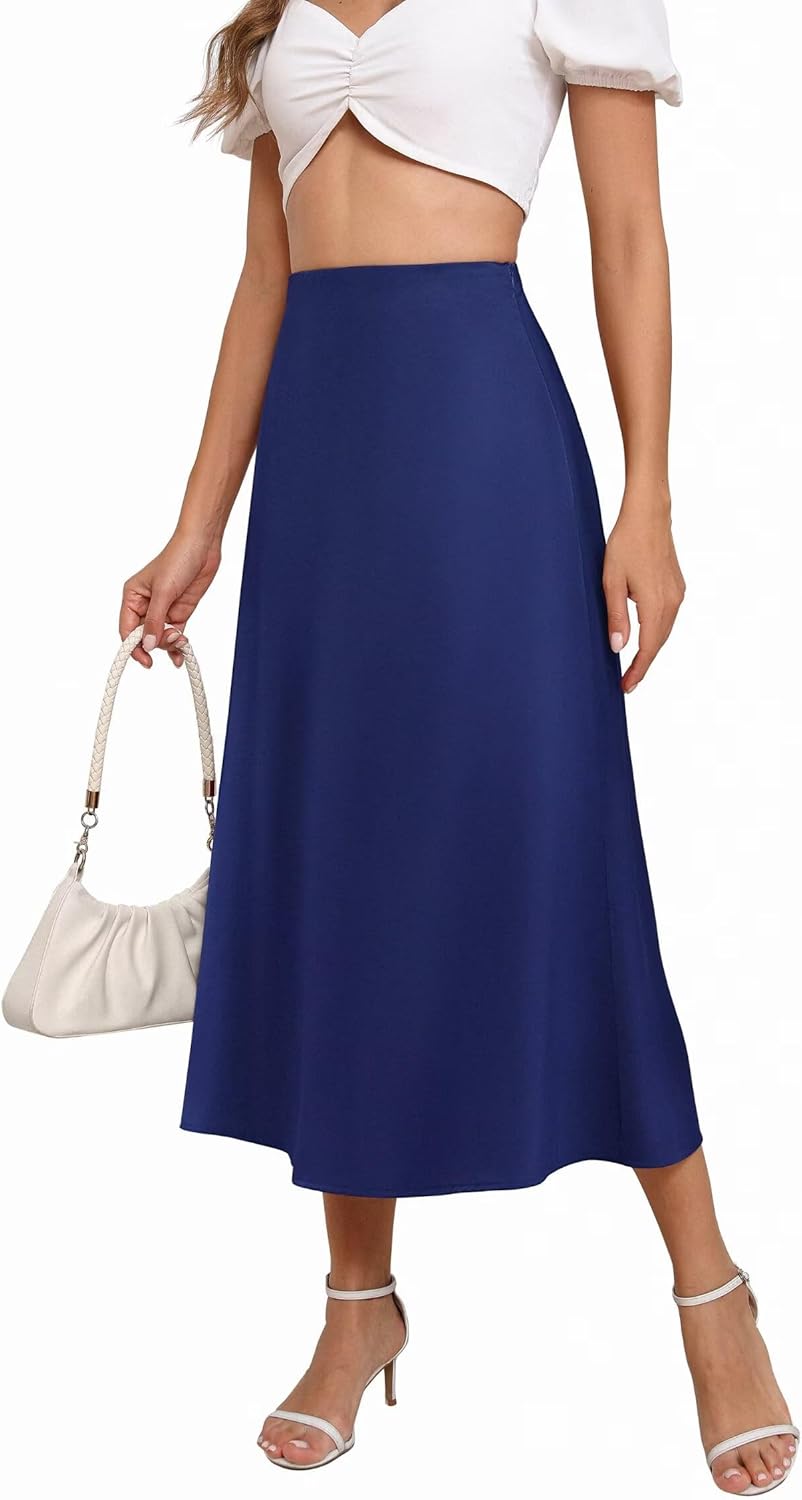 Women's Satin Skirts Dressy Casual 2025 Fall High Waisted Cocktail Silk Glossy Wedding Flowy Elegant A Line Long Skirt