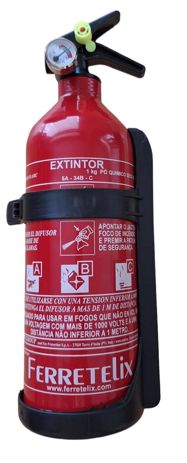 FERRETELIX® Extincteur 1 kg Poudre ABC – Avec Support de Fixation – Pour Voiture, Maison, Bureau, Camping-Car, Barbecue Fecha de fabricacion 2026