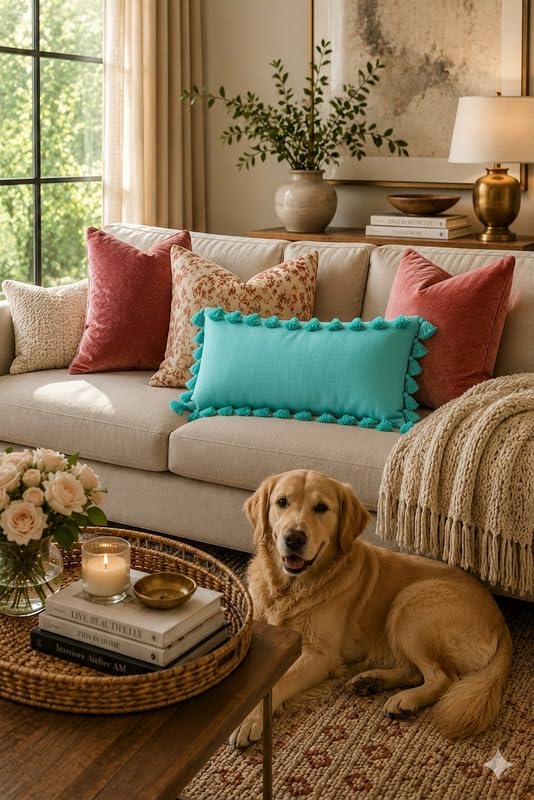 Image of WWW.THROWPILLOW.IN Caribbean Blue Green Big FullerTassels Trim Throw Pillow Cover, Solid Decorative Coastal Chic Accent Pillow for Sofa, Bed, Dorm Room Rectangular Full Body Bed Pillow 12x36 Inches