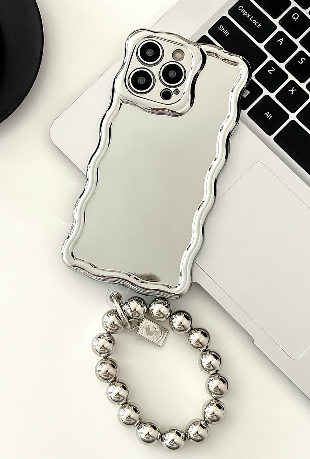 TRODINO Cute iPhone 13 Pro Case, Plated Wavy Frame with Pearl Strap Bracelet Chain Soft Flexible TPU Shockproof Protective Case 6.1” (Silver)