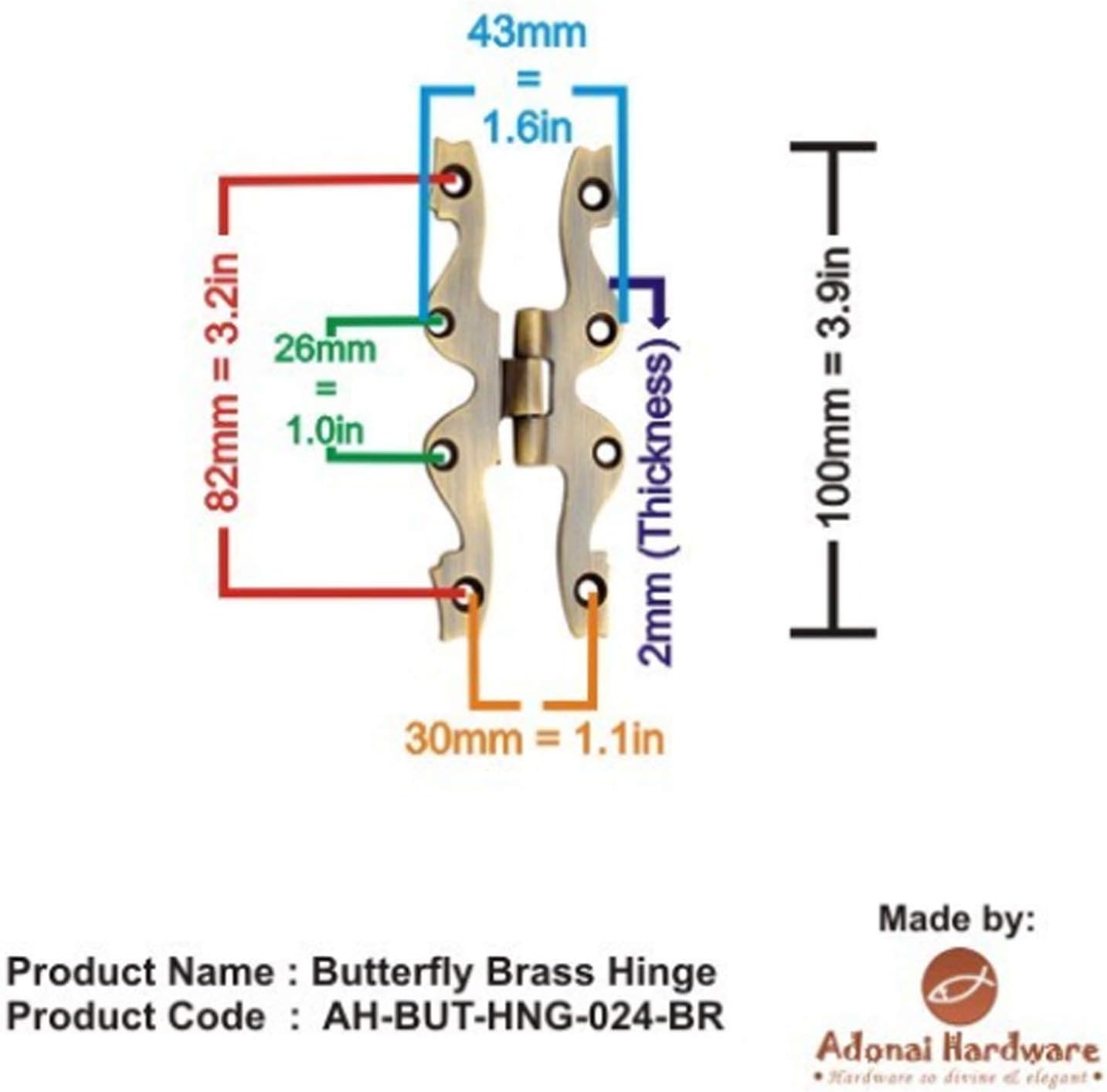 Adonai Hardware Butterfly Brass Cabinet Hinge (Supplied as 6 Pieces per Pack)