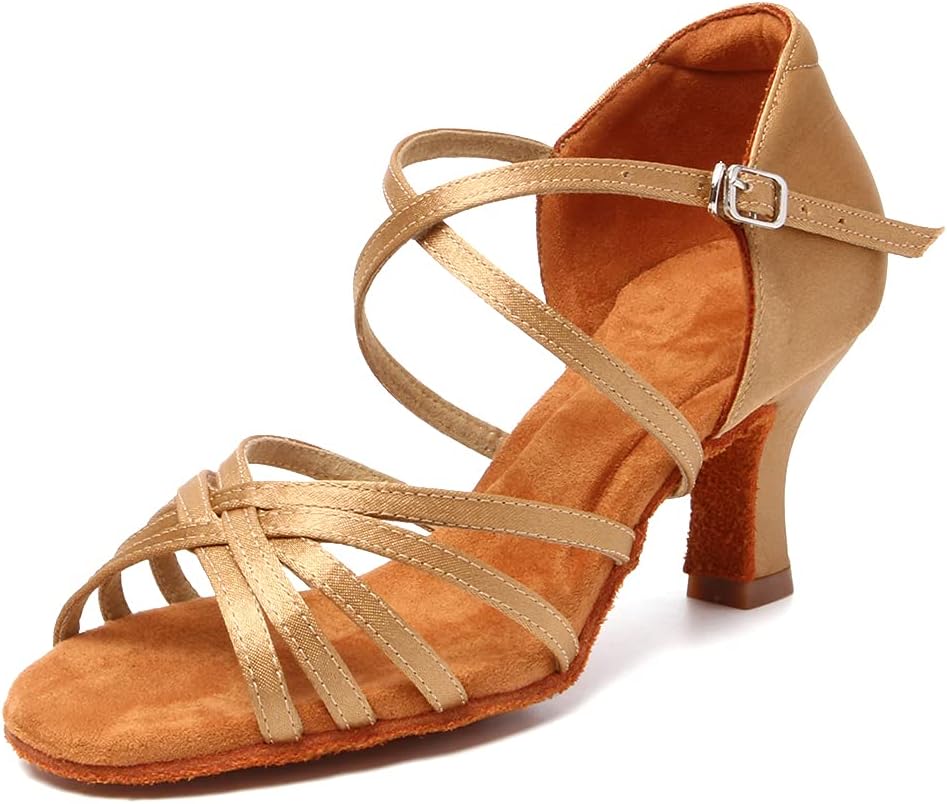 HIPPOSEUS Women's Latin Dance Shoes Open Toe Satin Ballroom Salsa Dance Sandals Suede Sole