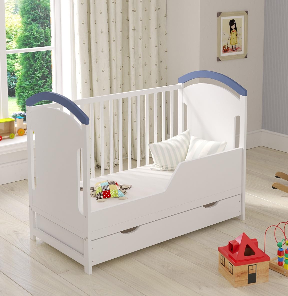 Love For Sleep Babybett Beistellbett 120x60cm mit Sicherheitsbarriere Umwandelbar Blue AMIE Kinderbett Baby Bett Holz - Kinderbett Babybett, Mitwachsend Gitterbett Baby Bed