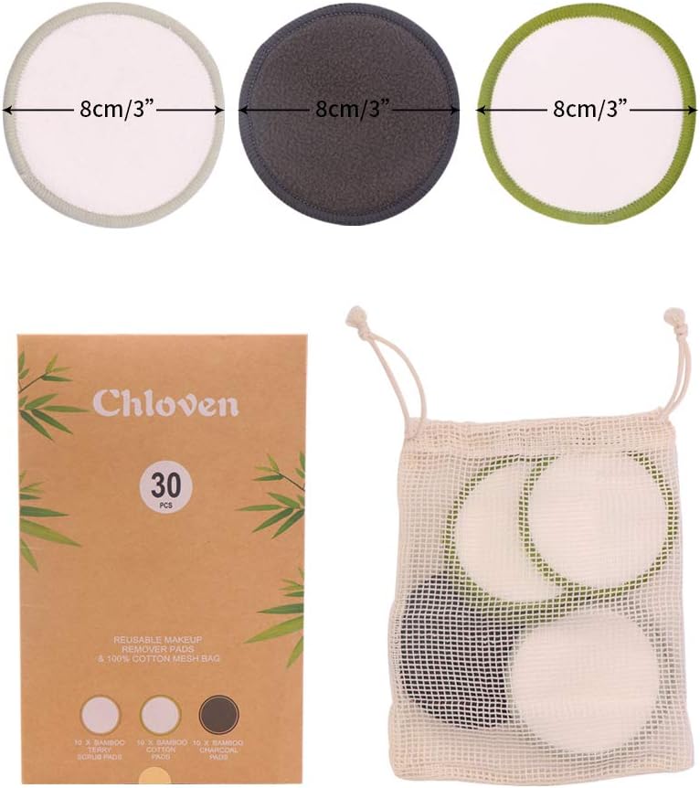 Chloven 30 Pack Reusable Makeup Remover Pads - Bamboo Reusable Cotton Rounds for Toner, Washable Eco-Friendly Pads for All Skin Types with Cotton Laundry Bag