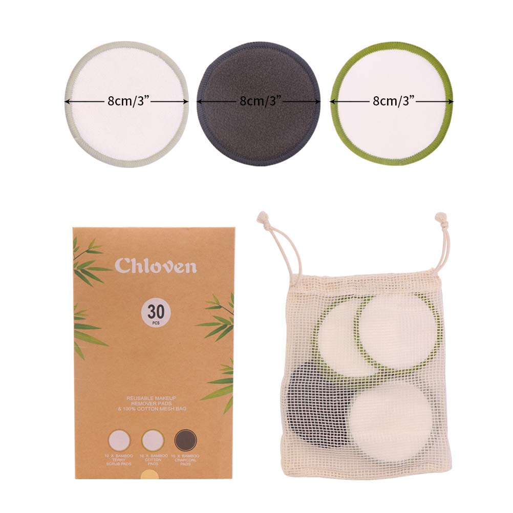 Chloven 30 Pack Organic Reusable Makeup Remover Pads - Bamboo Reusable Cotton Rounds for Toner, Washable Eco-Friendly Pads for all Skin Types with Cotton Laundry Bag : Beauty & Personal Care