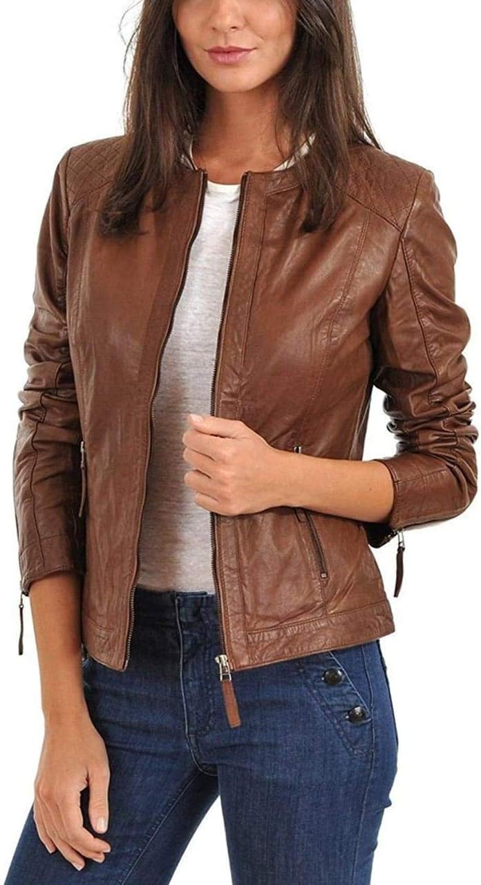 D DOLLY LAMB Women's Lambskin Leather Moto Biker Jacket, Winter Wear Round Neck Collar Jacket for Bike Riding & Casual Wear - Image 2
