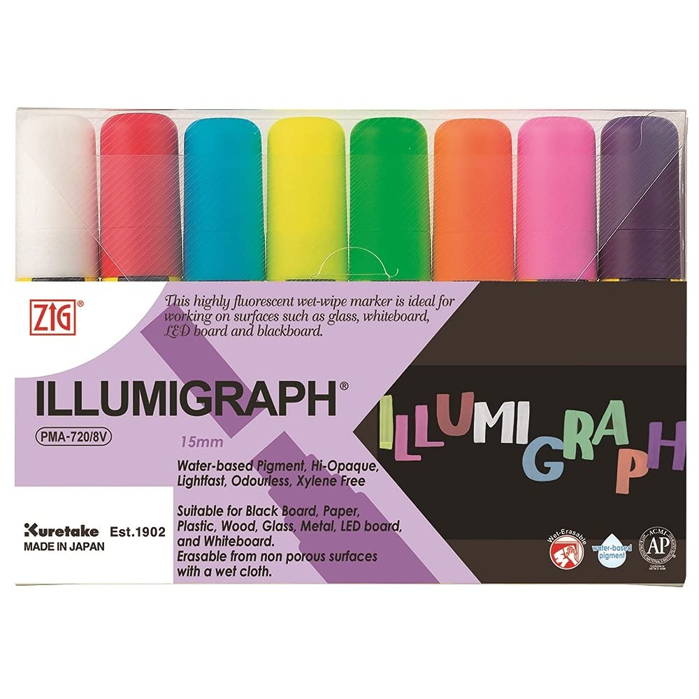 Vimax - Paint Brushes - ZIG Kuretake ILLUMIGRAPH 15mm Wet Erasable High-Fluorescent Painting POP Marker Pens Japan PMA-720/8V for Chalk Boards