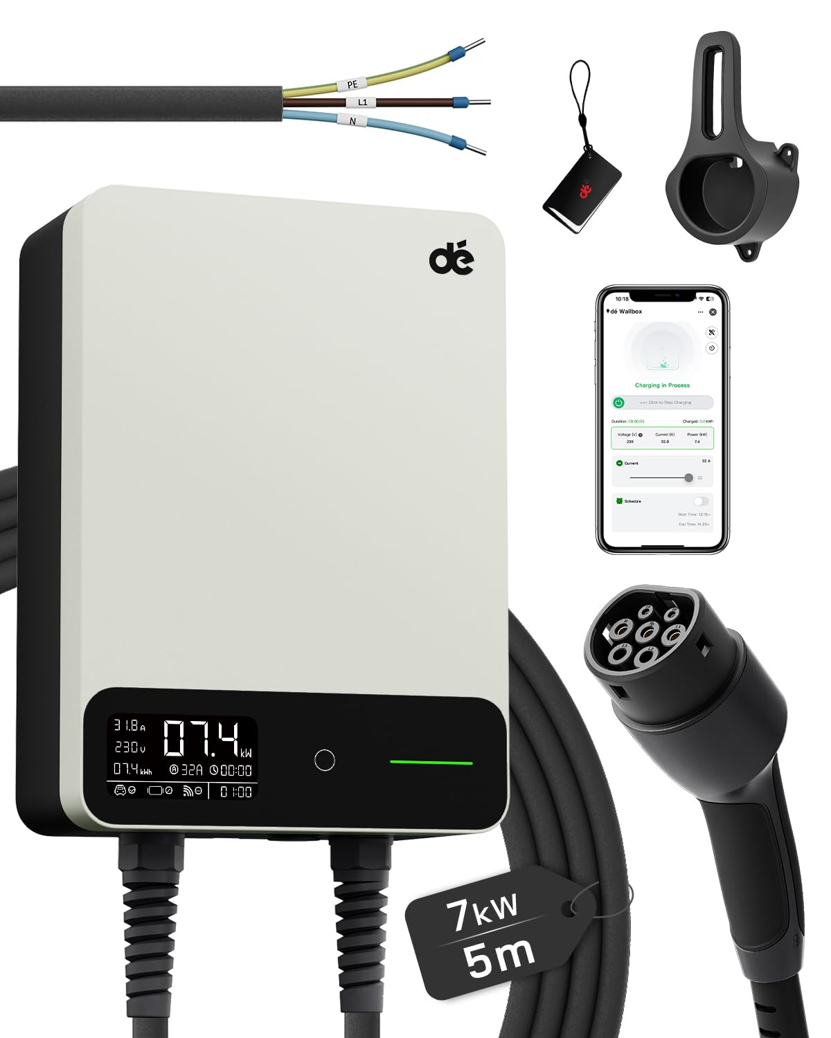 dé Wallbox 7,4 kW Tipo 2 con APP, Cavo Tipo 2 de 5m | Carichino Auto Elettrica 7,4 kW, RFID, 6-32A 230 V, Ricarica Programmata 0,5-8 h, IP54, RCD Tipo A 30 mA AC + 6 mA DC, Bianco