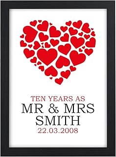 10 Years As Personalised 10th Wedding Anniversary Gifts Keepsake - PERSONALISED for ANY Wedding Anniversary 1st, 2nd, 5th, 10th, 50th - Black or White Framed A5, A4, A3 Prints or 18mm Wooden Blocks