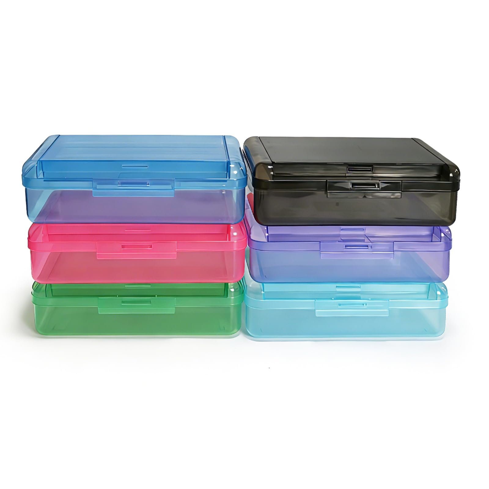 6 Pack Double Layer Hard Pencil Cases, Plastic Translucent Pencil Box with Snap-Tight Lid for Pens, Pencils, School, Stylish Office Supplies Storage Organizer Box (Multi-color)