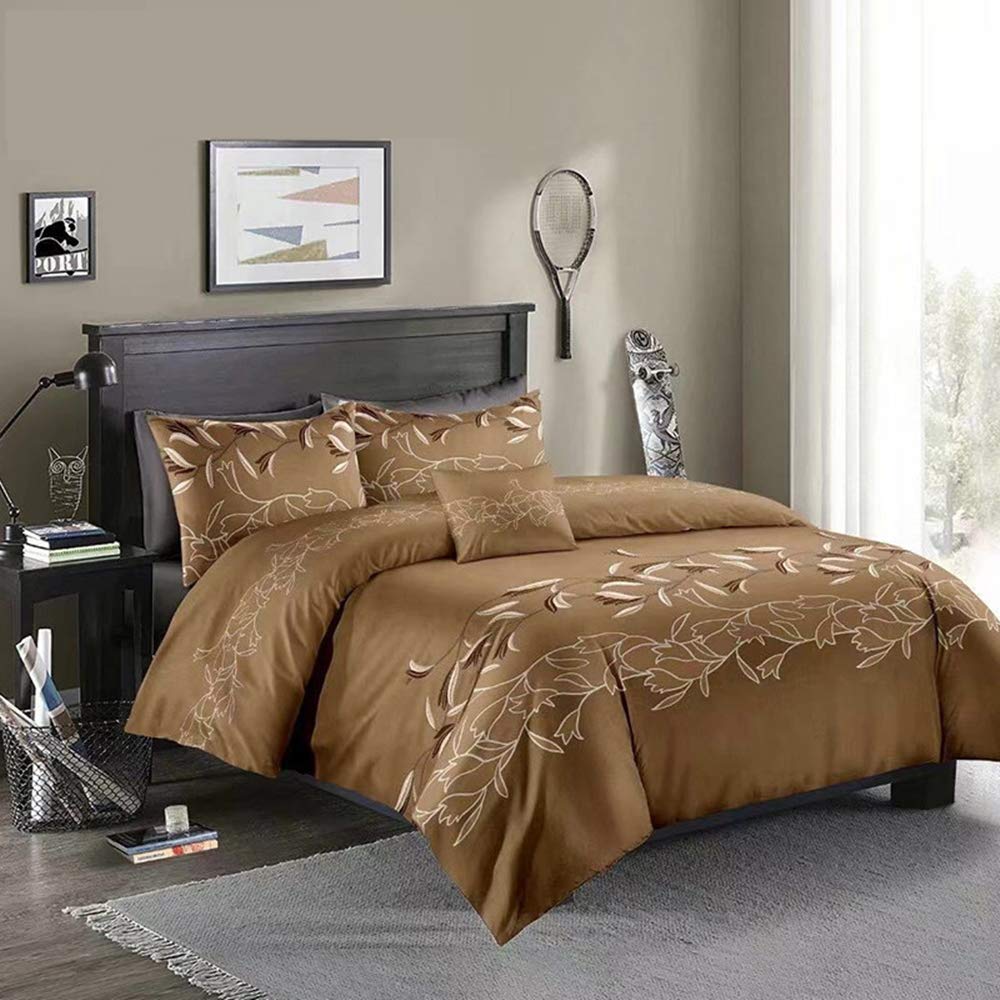OKJK 3D Flower Printing Bedding Set Duvet Cover,double Duvet Covers Set with Pillowcase,Bedroom Bed Sheets (Coffee,220x240cm)