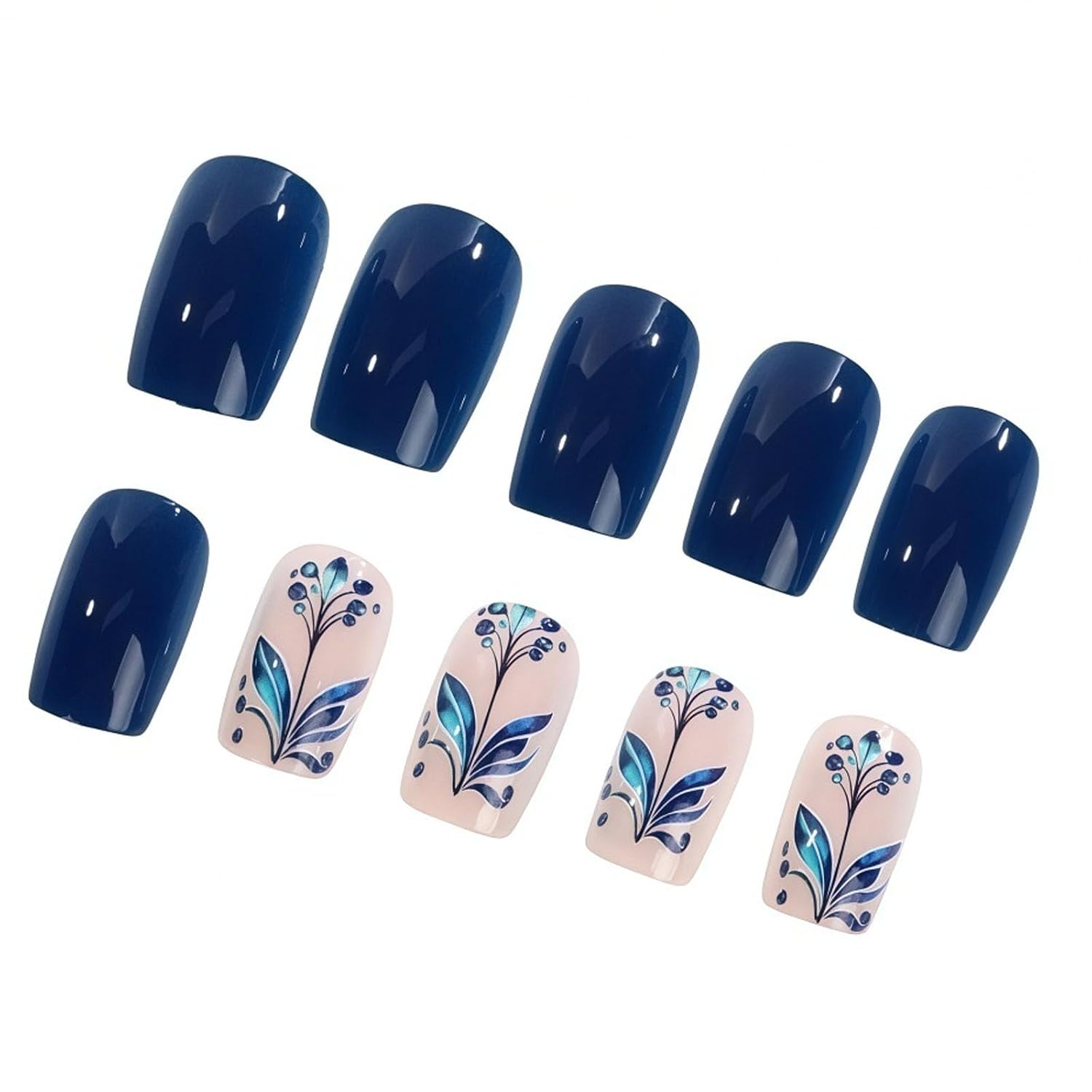 24Pcs Square Press on Nails Medium Fake Nails with Flower Designs Nails Press ons Dark Blue Glue on Nails Glossy Acrylic Nails Cute Artificial Nails Natural Stick on Nails for Women
