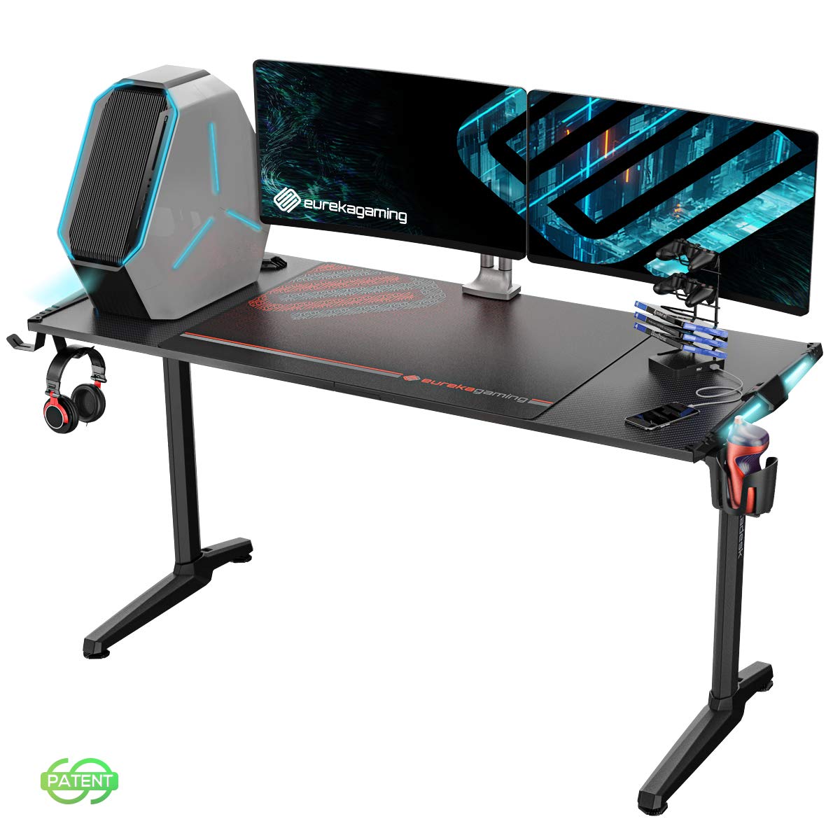 EUREKA ERGONOMIC Gaming Computer Desk 55" Home Office Gaming PC Tables New Polygon Legs Design with RGB LED Lights, Colonel Series GIP-55B, Black