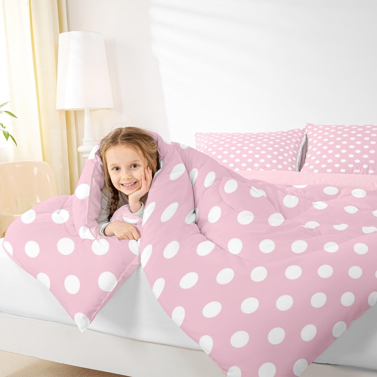 Manfei Polka Dots Comforter Set Queen Size,Cartoon French Style Princess Pink White Bedding Set 3 Pcs for Teens Adults,Modern Geometric Circles Abstract Simple Art Comforter,2 Pillowcases
