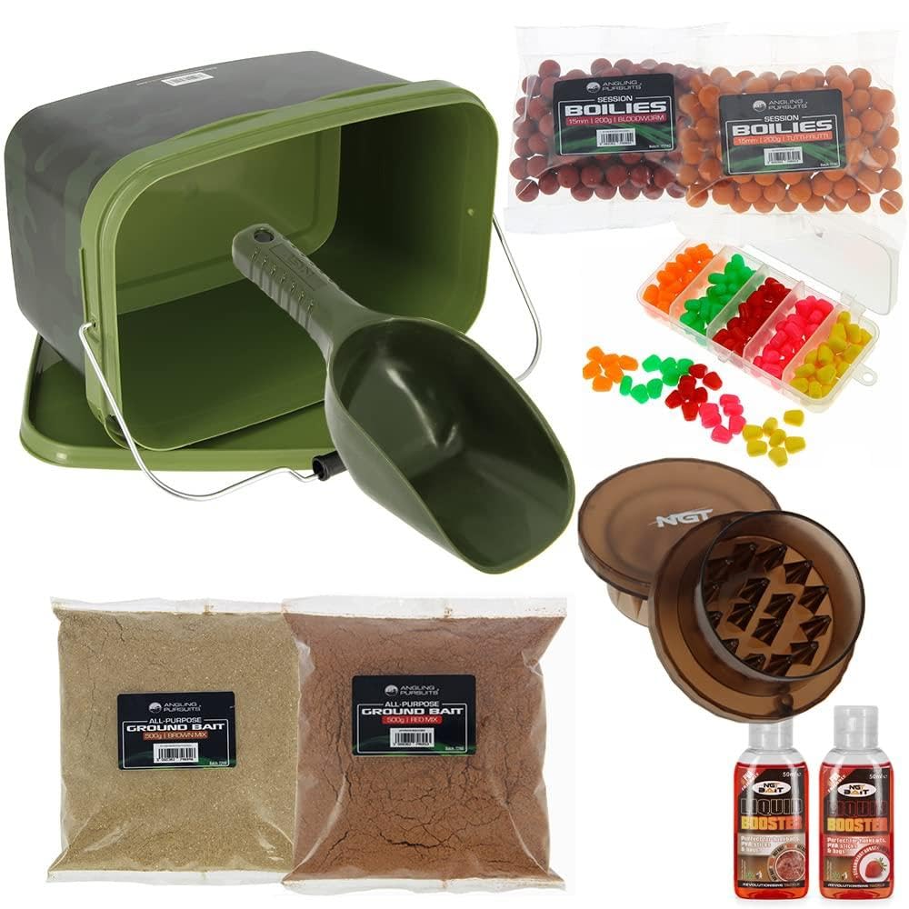 DNA Leisure Bait Storage 5L Camo Bucket Spoon Groundbait Boilie Hand Held Grinder Liquid Booster Fake Corn Carp Fishing
