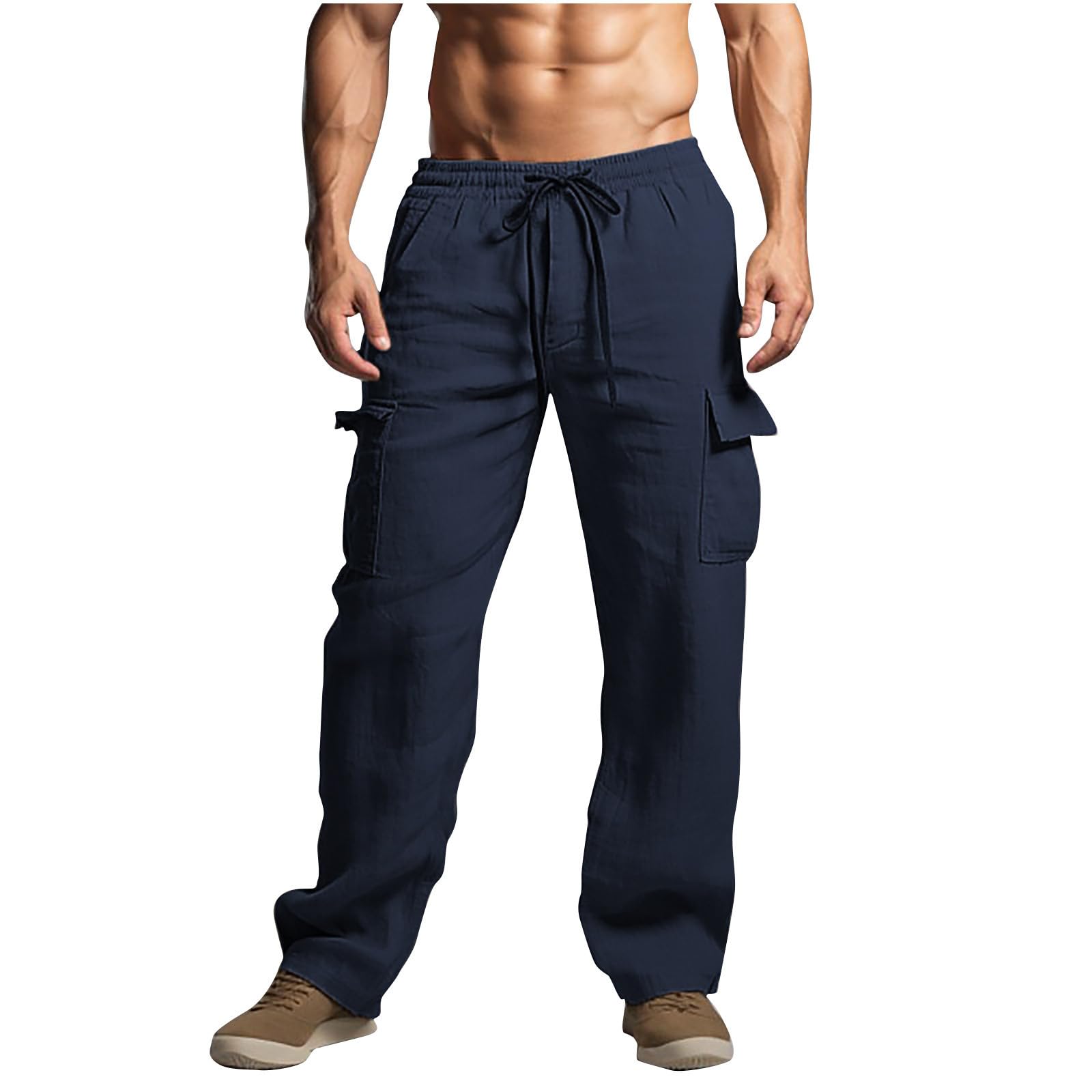 Mens Casual Cargo Pants Tactical Wild Combat Cotton Linen Work Trousers with Pockets Elasticity Straight Sweatpants