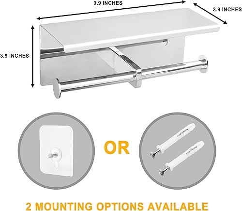 Miniatura 2 de Portarrollos de papel higiénico doble SUS 304 de acero inoxidable con estante de almacenamiento para teléfono (cromo pulido)