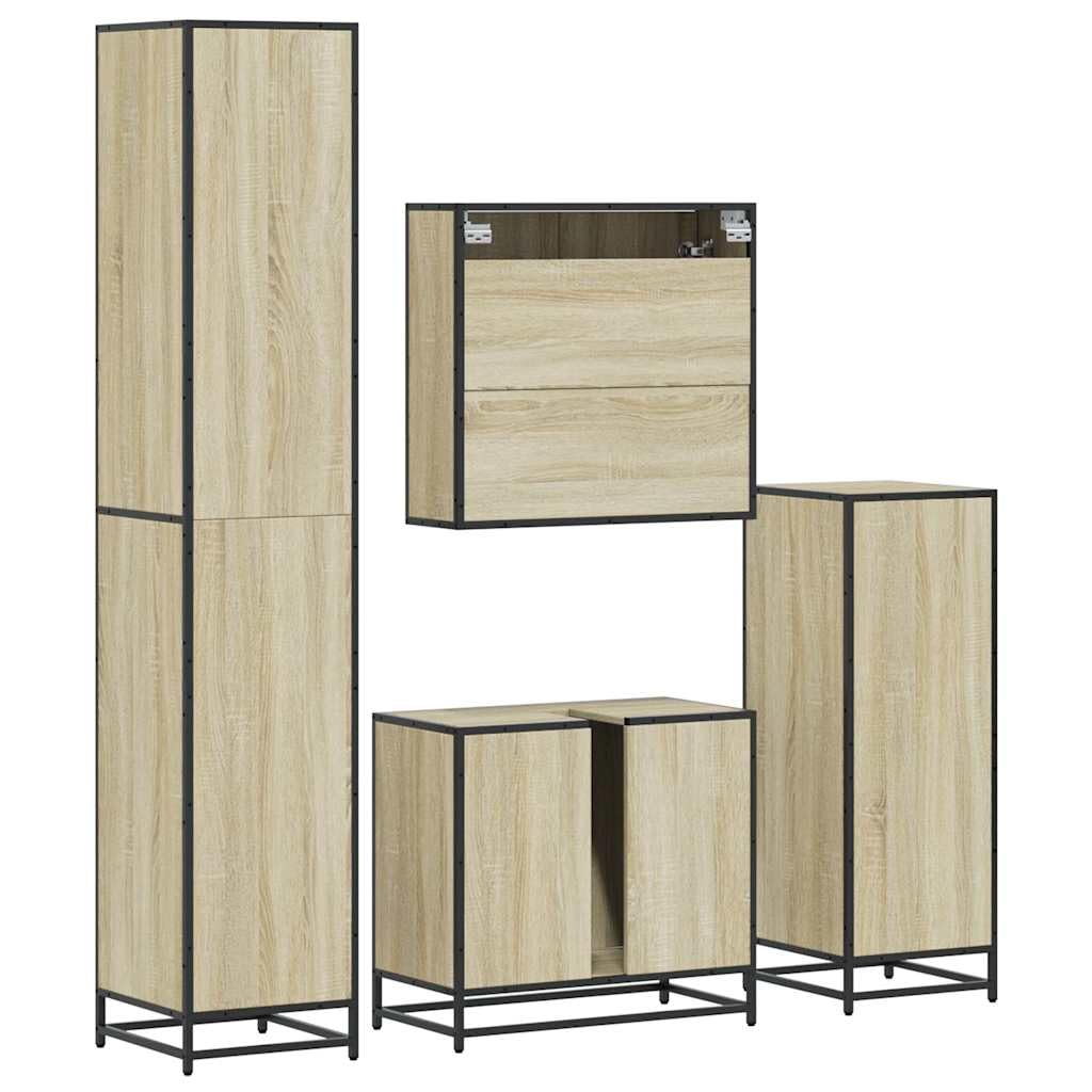 Set Mobili da Bagno 4 Pezzi Rovere Sonoma e Metallo | Arredo per il bagno con mobile specchio, sottolavabo e due colonne salvaspazio in stile industriale.