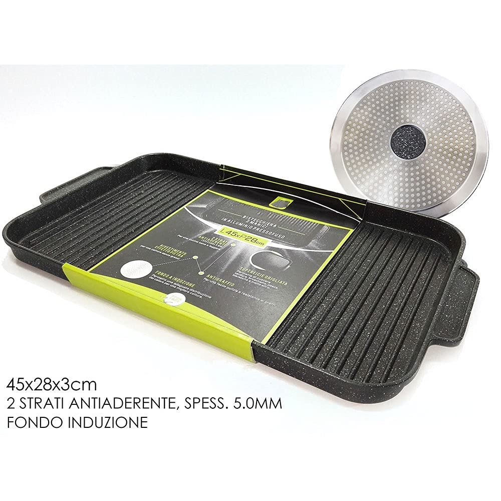Bistecchiera Grande cm 45 x 28 Piastra griglia per arrostire Carne Pesce Verdure Barbecue Anche induzione o fornelli da Cucina Gas