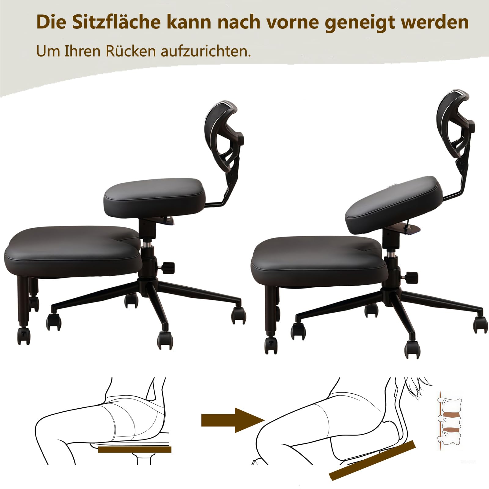 Chaise croisée avec roues, chaise à genoux polyvalente avec support arrière, tabouret réglable avec siège incliné pour une meilleure posture, coussins épais et confortables, noir