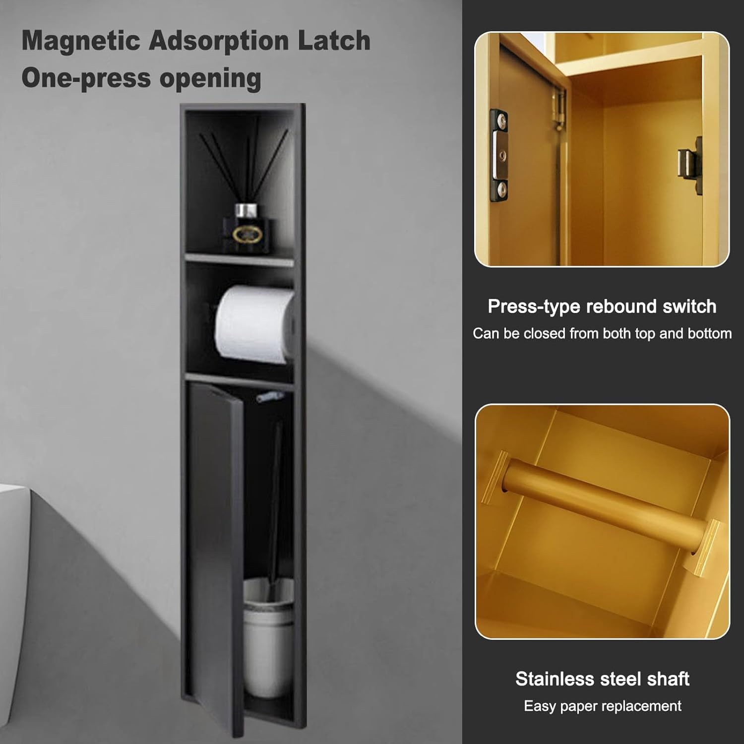 OKYSHDF Recessed Toilet Paper Holder, in Wall Toilet Brush Holder with Storage, Stainless Steel Tissue Paper Roll Dispenser for Bathroom Remodel Kitchen Hotel (Gray, 7″x4.9″x31.5″)