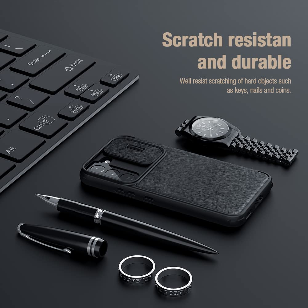 Nillkin Case for Samsung Galaxy S22 (6.1" Inch) Qin Pro Plain Leather Camshield Camera Slider Flip Folio + Card Slot Black Color 4 61tkp3Y71PL. SL1001