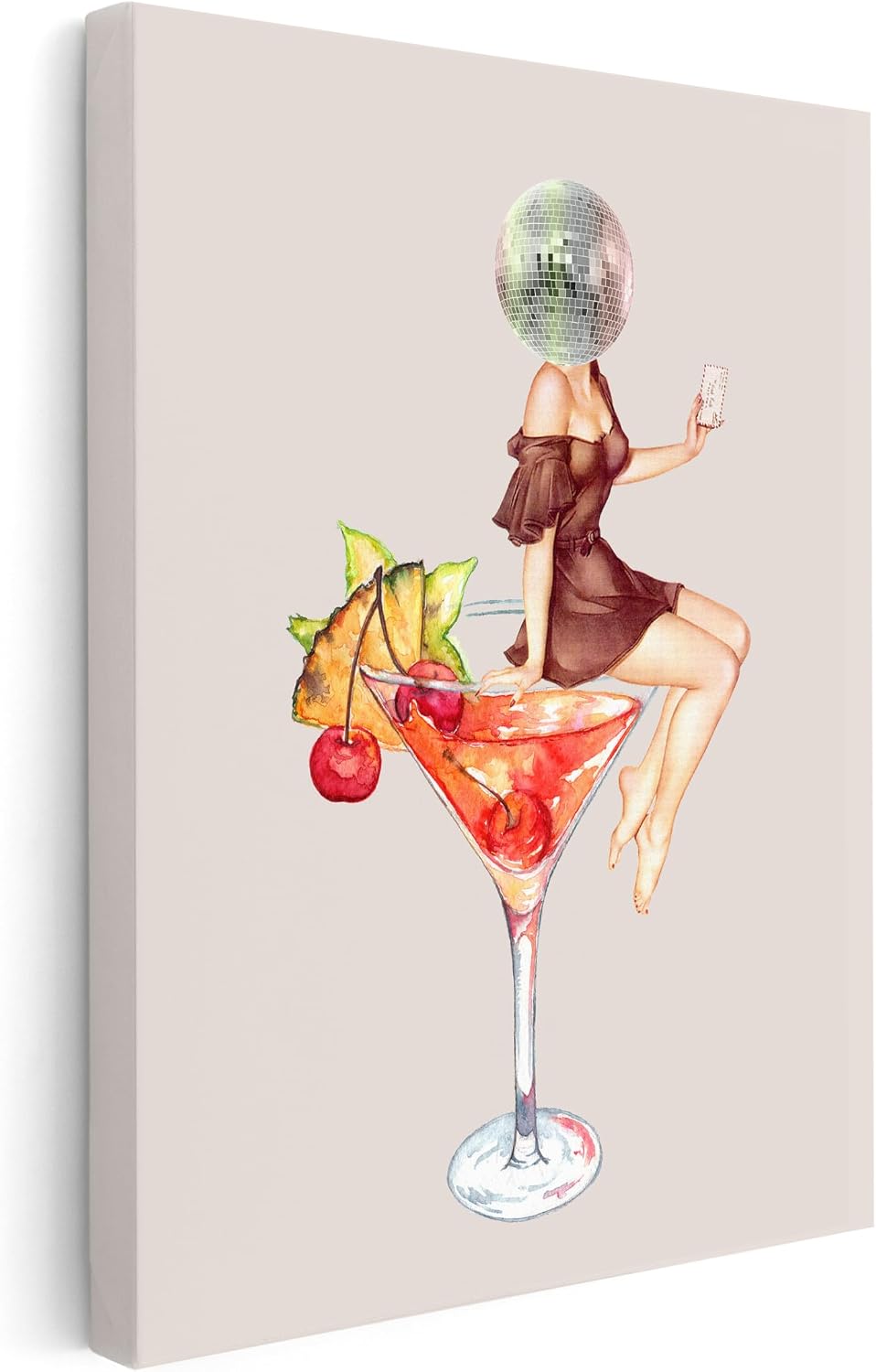 Poster Master Disco Ball Head Canvas - Retro Cocktail Print - Funky Preppy Art - Alcohol & Bar Cart Design - Trendy Chic Boho Art - Great Bar or Club Wall Decor - 8x10 STRETCHED Canvas