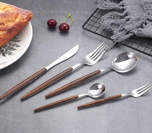 Juego de cubiertos de madera de acero inoxidable de 90 piezas para 18, cubiertos de plata pulido con espejo plateado, juego de utensilios de cocina