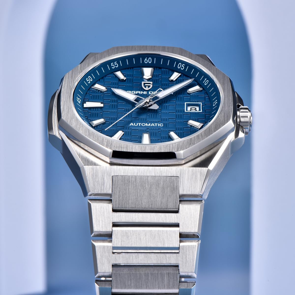 Pagani Design Men's Automatic Mechanical Watch, 40mm Sapphire Glass 316L Stainless Steel, 100M Water Resistant, Luminous Date Display, Grid Dial Octagonal Bezel Dress Watch for Men