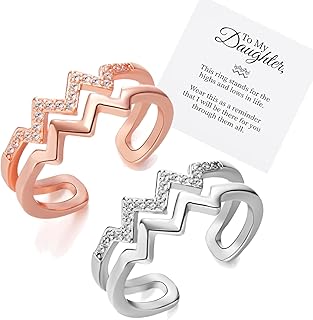 To My Daughter Highs and Lows Inspirational Ring, 14k Gold Plated Adjustable Opening Wave Pattern Ring with Micro-inlaid Zircon For Daughter In Low Step Daughter