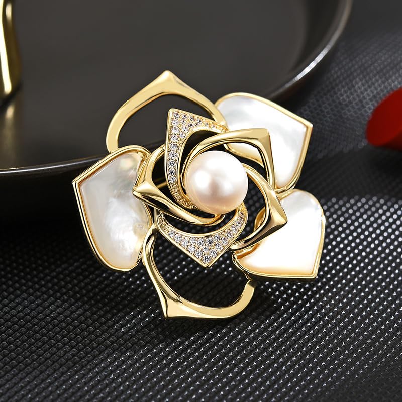Image of Stunning 14K Gold Moissanite Camellia Brooch,With Openwork Design and Pearl Embellishments ,Ideal Shawl Buckle Accessory & Beautiful Gift