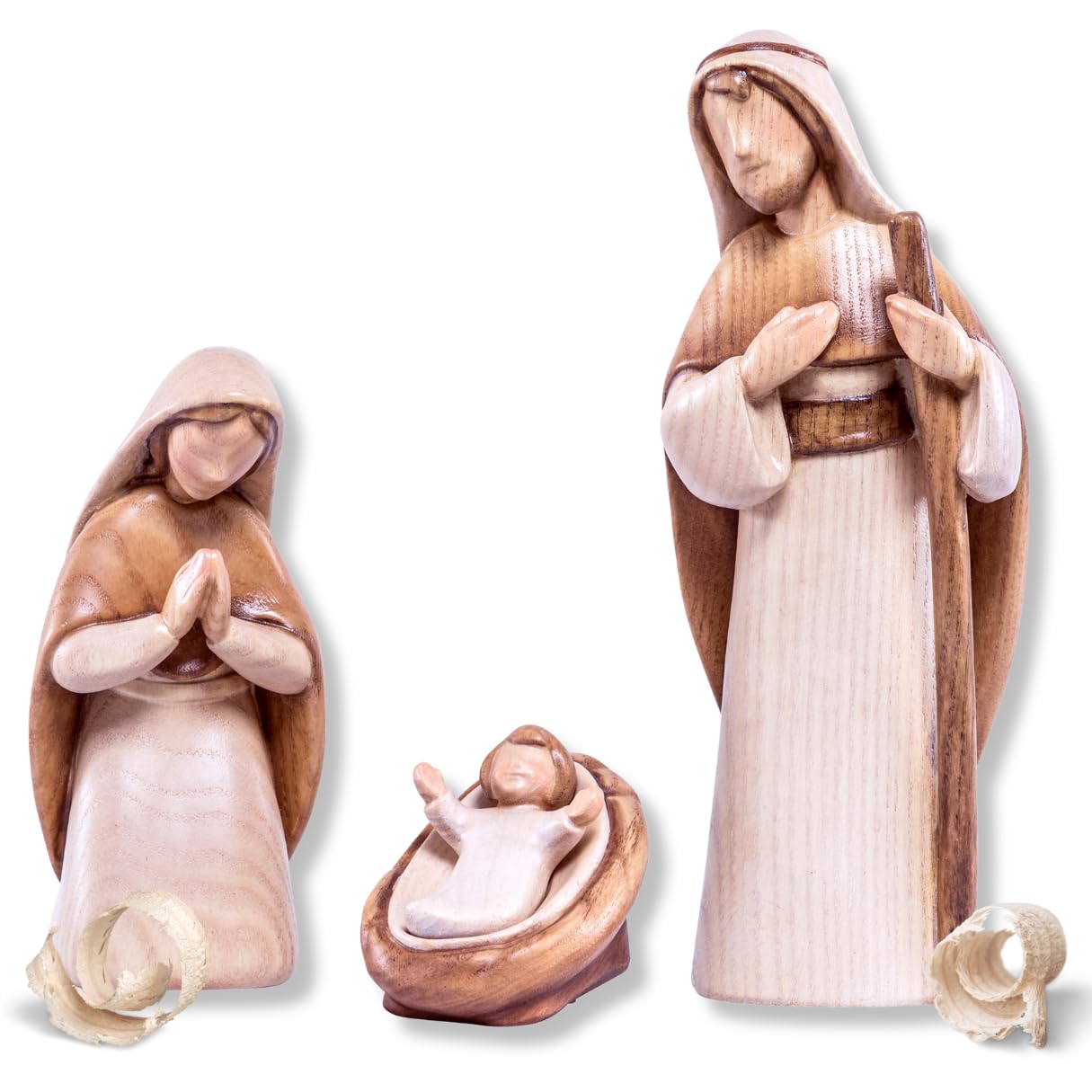 Akantus Moderne Krippenfiguren aus Holz: Heilige Familie (gebeizt) (12 cm)