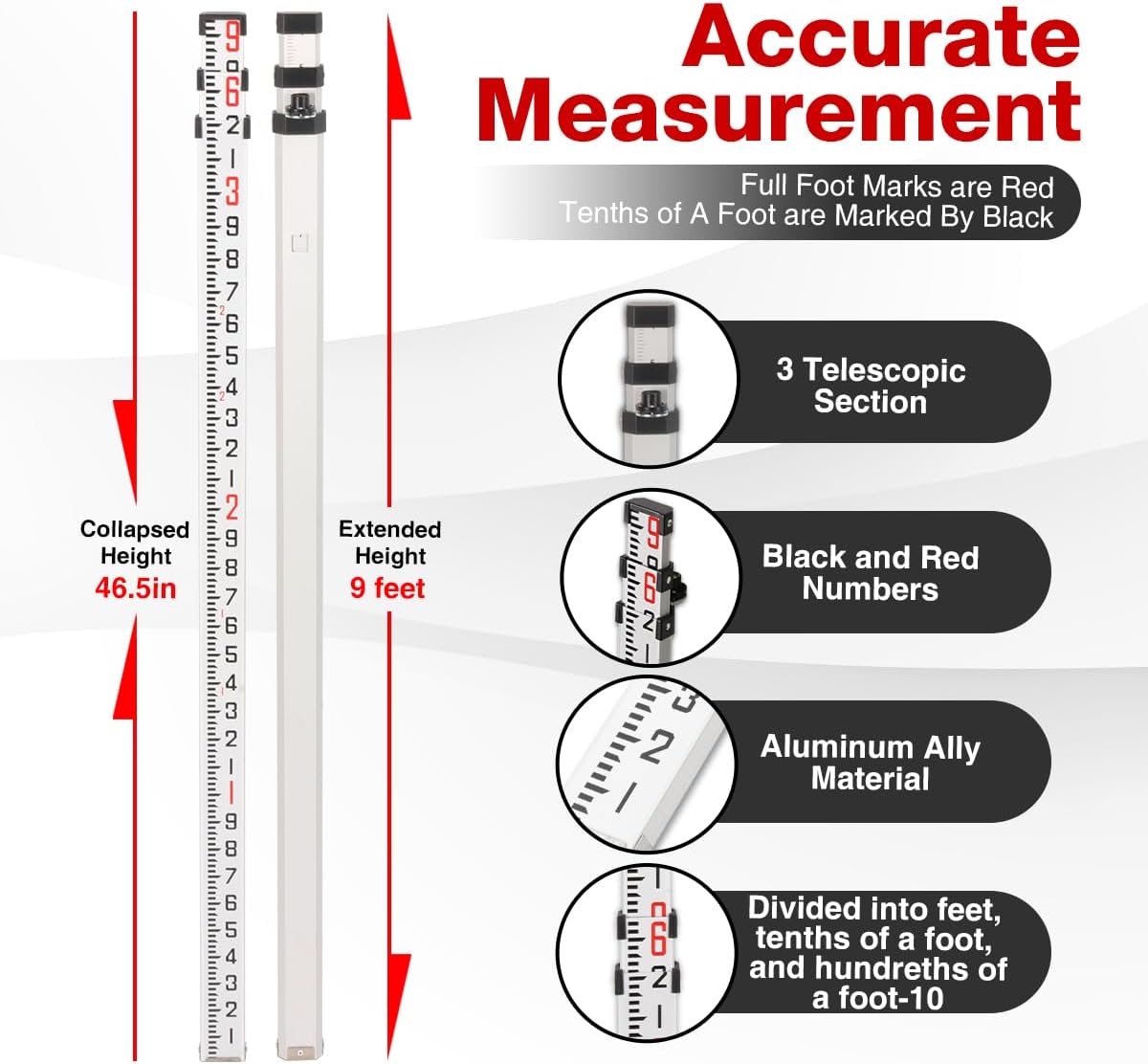 9-Foot Aluminum Grade Rod - 10ths Double-Sided Scale, 3-Section Telescopic Leveling Rod with Bubble Level & Carrying Case for Surveying, Laser Alignment, Walls, Floors
