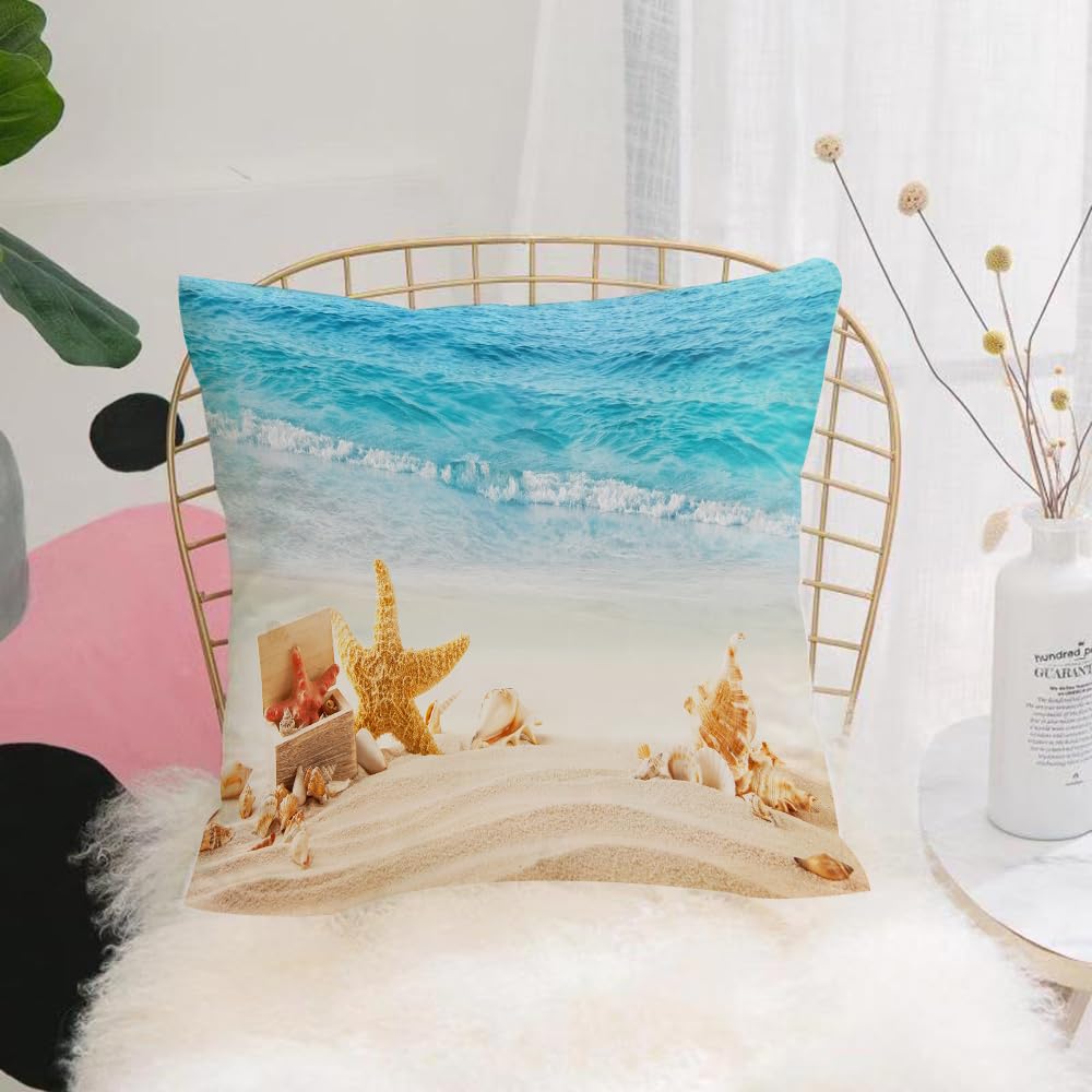 HYOSXW Cushion Cover,Throw Pillow Case Home Decorative for Living Room Bedroom Sofa Chair 16X16 Inch,Ocean Starfish Shells on The Beach,Pillowcase 40X40cm