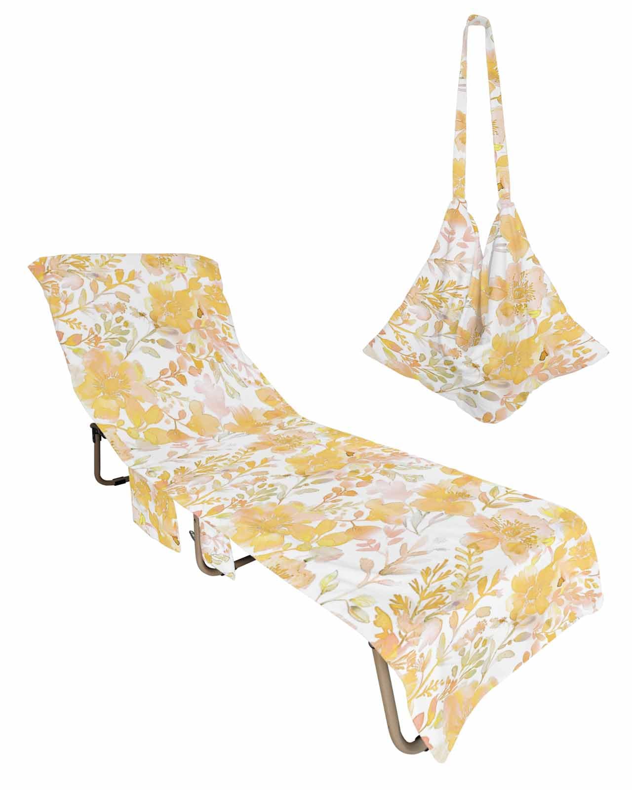 Beach Pool Patio Lounge Chaise Chair Cover Towel with Pockets,Orang Yellow Floral Absorbent & Quick Dry Microfiber Towel Cover Bag Summer Travel Accessories Abstract Contemporary Leaves Flower Herb