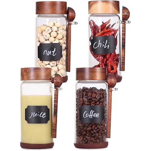 SAIOOL High Bprosilicate Glass 4 Pack Spice Jars with Label and Spoons,Overnight Oats Containers with Acacia Airtight Lids,Glass Food Storage Jars, Coffee Bar (Acacia 11.5 OZ*4)