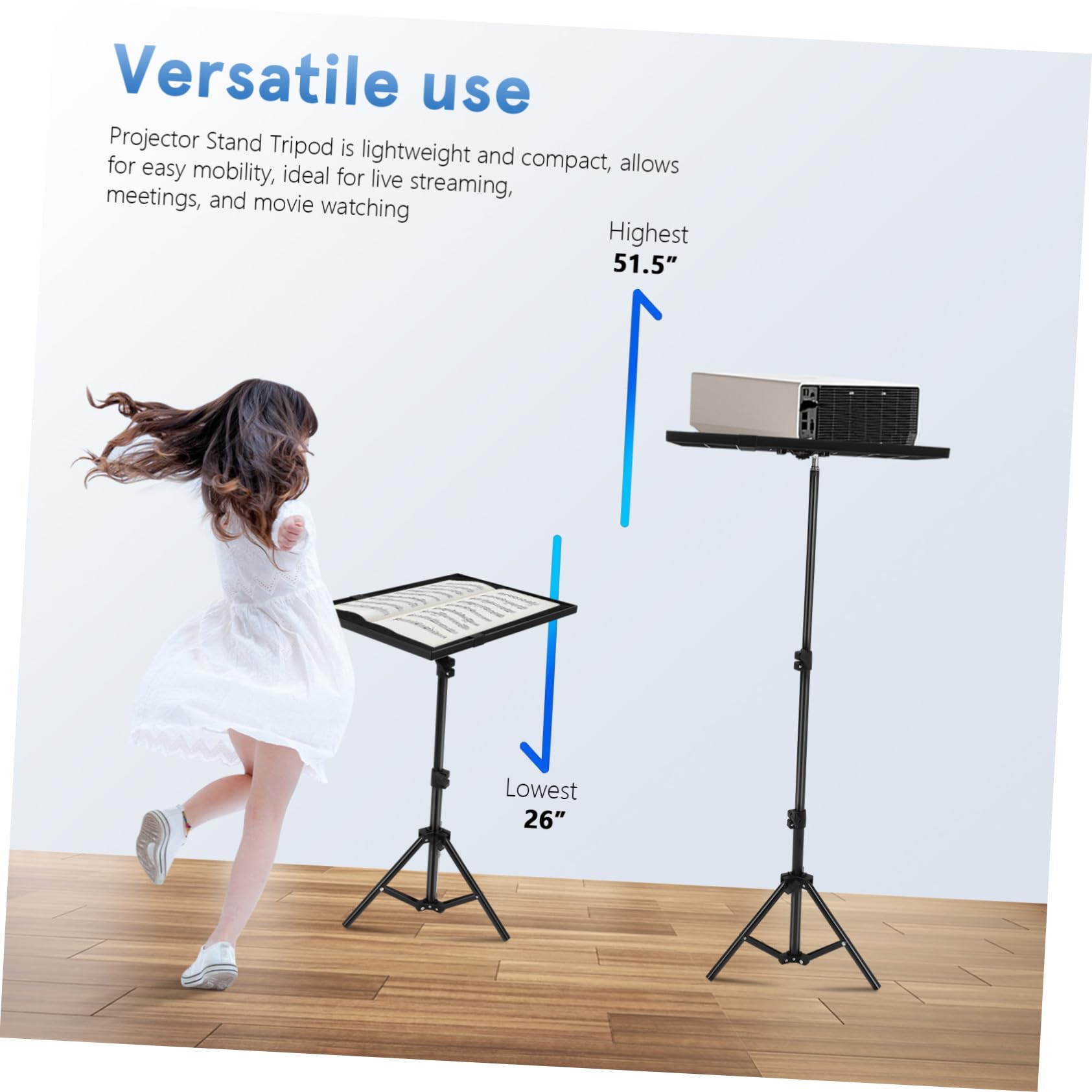 NUOBESTY Supporto per Proiettore Vassoio Regolabile in Metallo e Plastica, Altezza Massima 120 Cm, Leggero e Portatile per Sala Spettacoli, Streaming e Casa