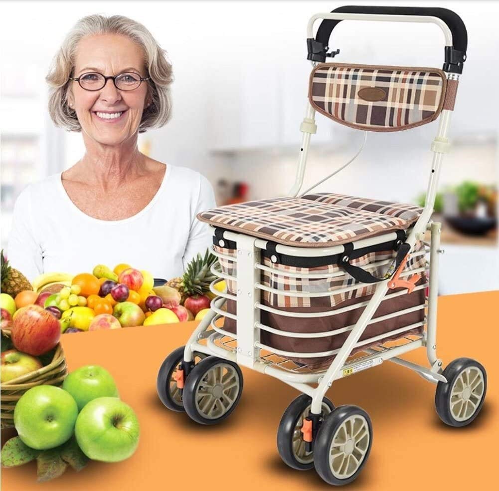 Chodzik dla seniorów, wałek do kółek medyczny chodzik, aluminiowy czterokołowy rollator pomoc w chodzeniu, siedzenie i kosz na zakupy, regulowana wysokość, lekka i bezpieczna konstrukcja