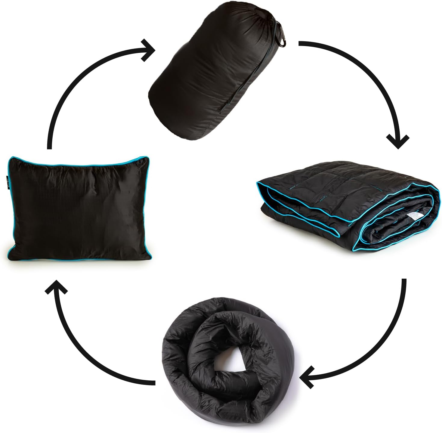 NAPRO Travel Pillow & Camping Blanket, 3 in 1 Ripstop Nylon Infinity Pillow & Square Travel Pillow Cases with 82" X 54" Synthetic Down Filled Blanket/Poncho/Pillow Fill, Adventure, Black/Orange