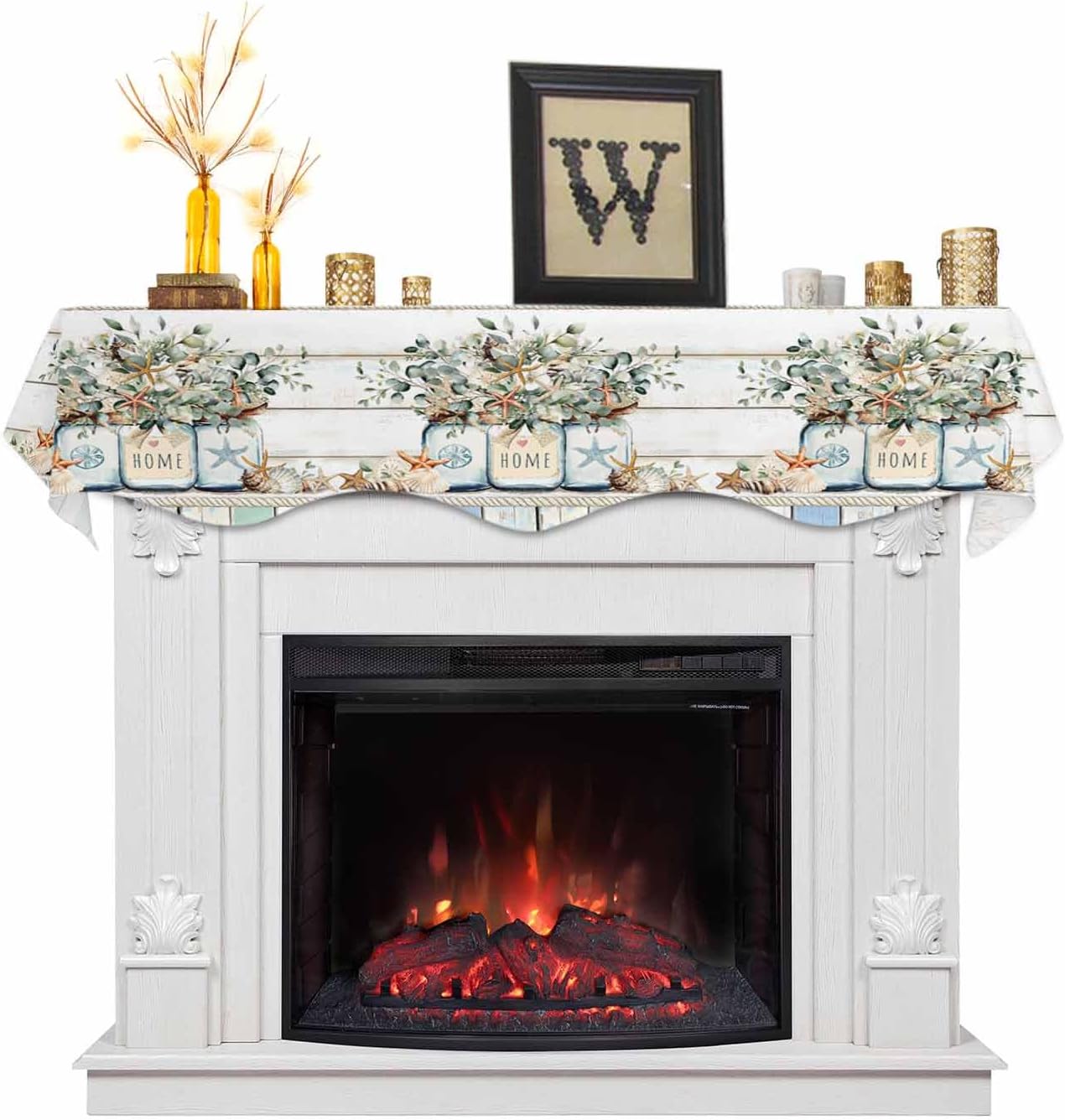 BEMIGO Mantel Scarf 60 x 17 Inch, Summer Eucalyptus Leaves Vase Mantel Scarf for Fireplace Top Runner Ocean Shell Starfish Fireplace Mantel Scarf Cover for Holiday Party Living Room Home Decorations