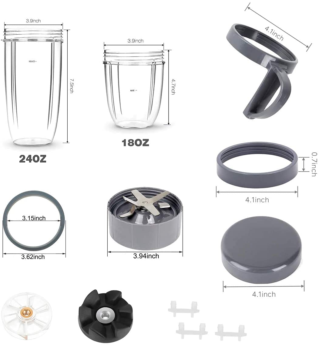 Vervangingsonderdelen voor NutriBullet, 2 kopjes, extractorblad, 2 hersluitbare deksels, 2 pakkingen, 2 tandwielen, 3 schokdempers, dekselring, dekselring met handvat & reinigingsborstel voor Nutribul