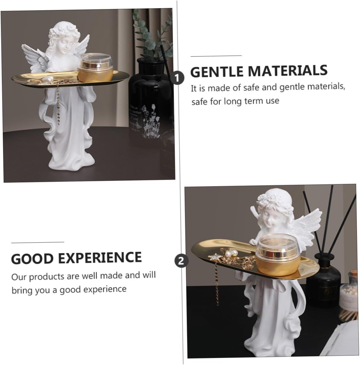 Jewelry Tray Holder with Angel Figurine Ornament Decorative Tabletop Organizer for Countertop Storage Craft for Bedroom and Office Display Gift for Birthdays and Holidays