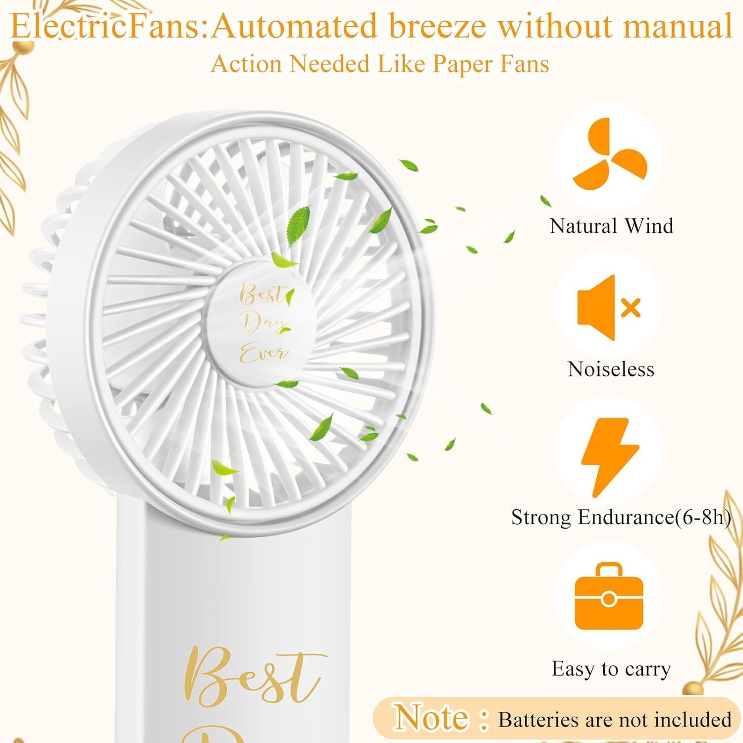 CroBlissful 36 Pack Mini Wedding Fans for Guests Bulk, Battery Operated Handheld Fans, Love is in the Air Wedding Favors Souvenirs, Gifts for Guests Summer Outdoor Bridal Showers (White,Gold)