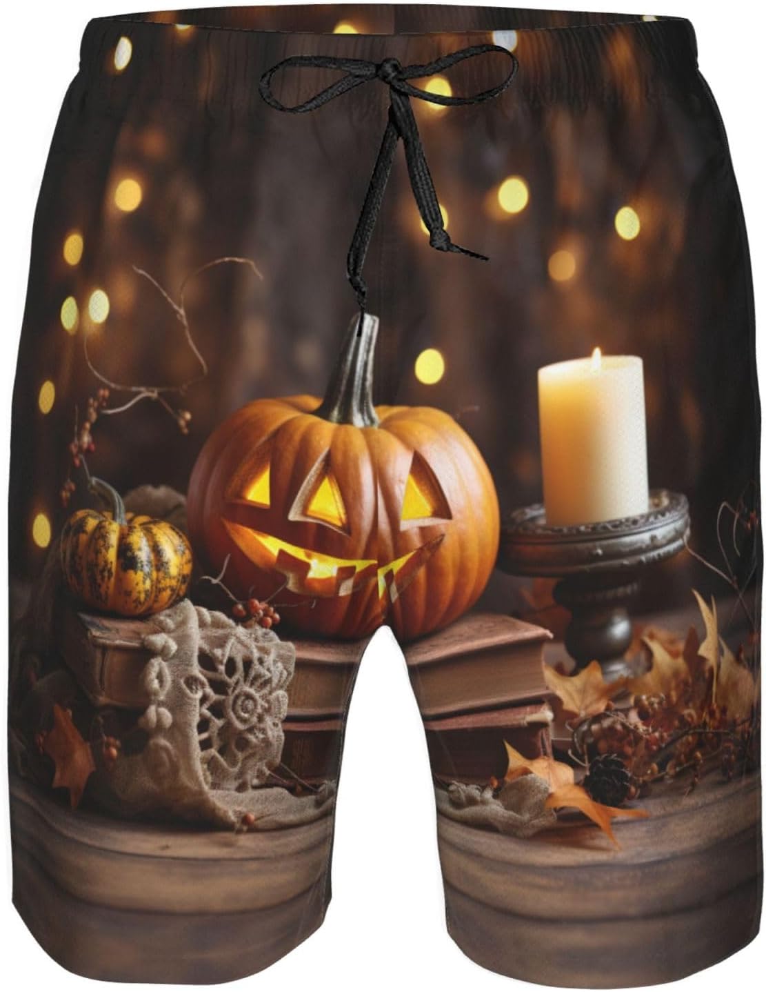 Halloween Pumpkin Print Mens Casual Shorts Drawstring Summer Beach Stretch Shorts Novelty Swimtrunks White