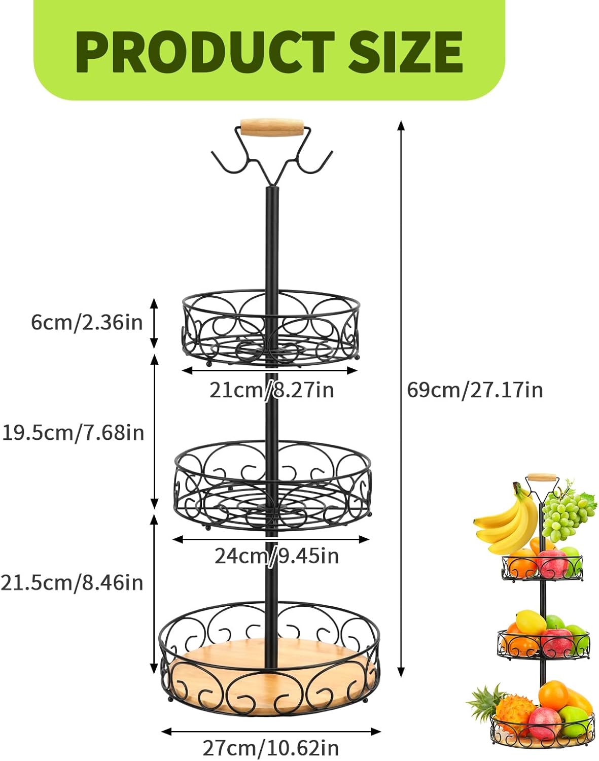 3-Tier Fruit Basket Bowl Vegetable Storage with 2 Banana Tree Hanger for Kitchen Countertop, Tall Metal Wire Basket Holder for Potatoes Bread Onions Black