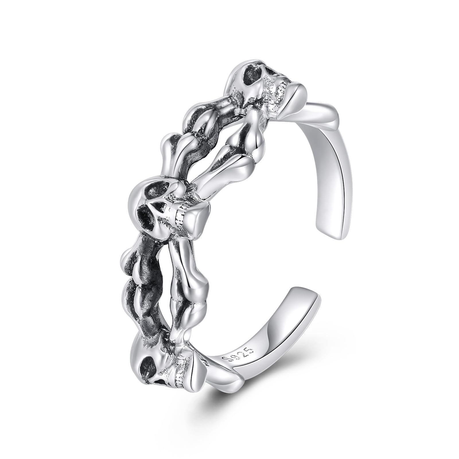 ONEFINITY Anillo de calavera para mujer, plata de ley 925, anillo abierto, calavera, ajustable, gótico, punk, joyería, regalo para mujeres y hombres, Sin piedras preciosas